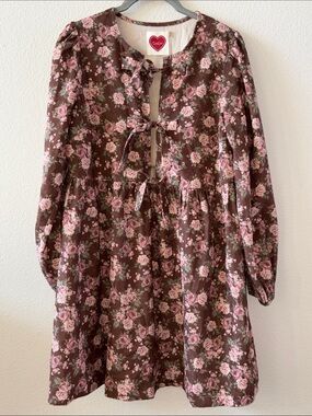 Brown Floral Tie-Front Long Sleeve Corduroy Dress in Pink & Brown